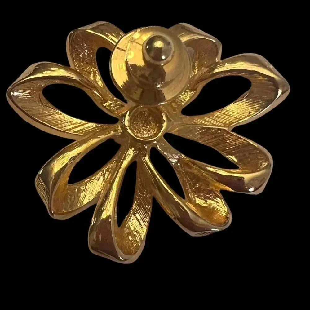 Vintage Avon Nina Ricci Bow Flower Lapel Brooch Pin Rhinestone Gold Tone